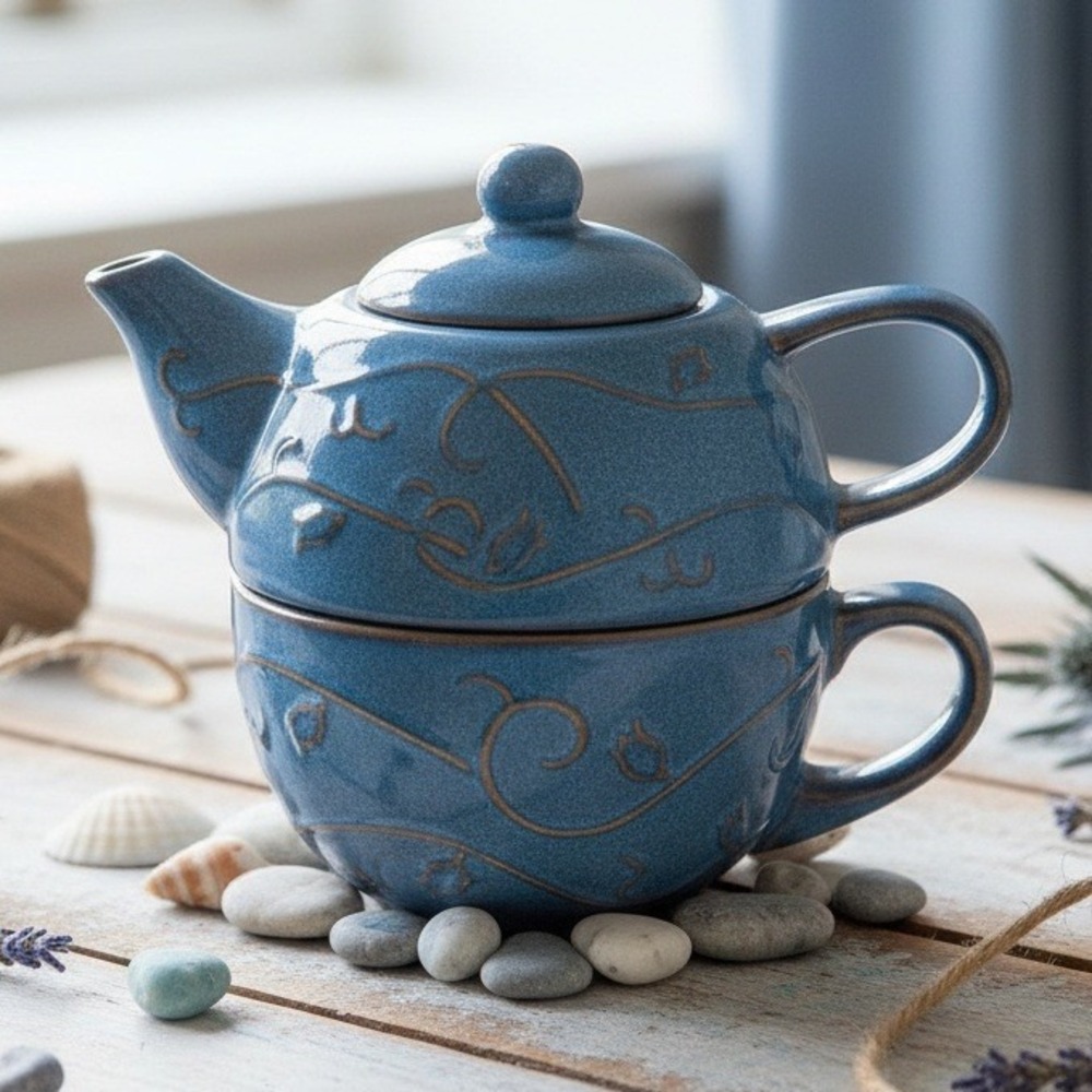 Pier 1 Blue Stoneware Stackable Tea Set Tea Pot Lid and Cup Mug Glazed